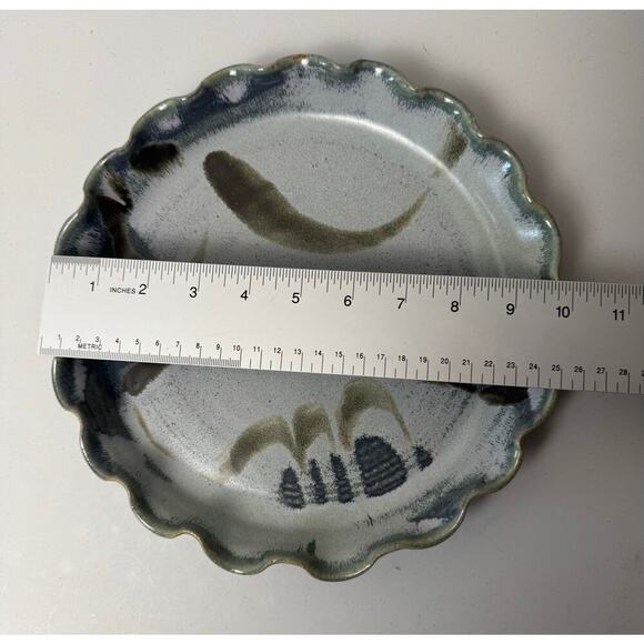 Signed Art Pottery Pie Plate Beautiful Green Gray and Blue Swirl Design Glaze - Picture 3 of 8